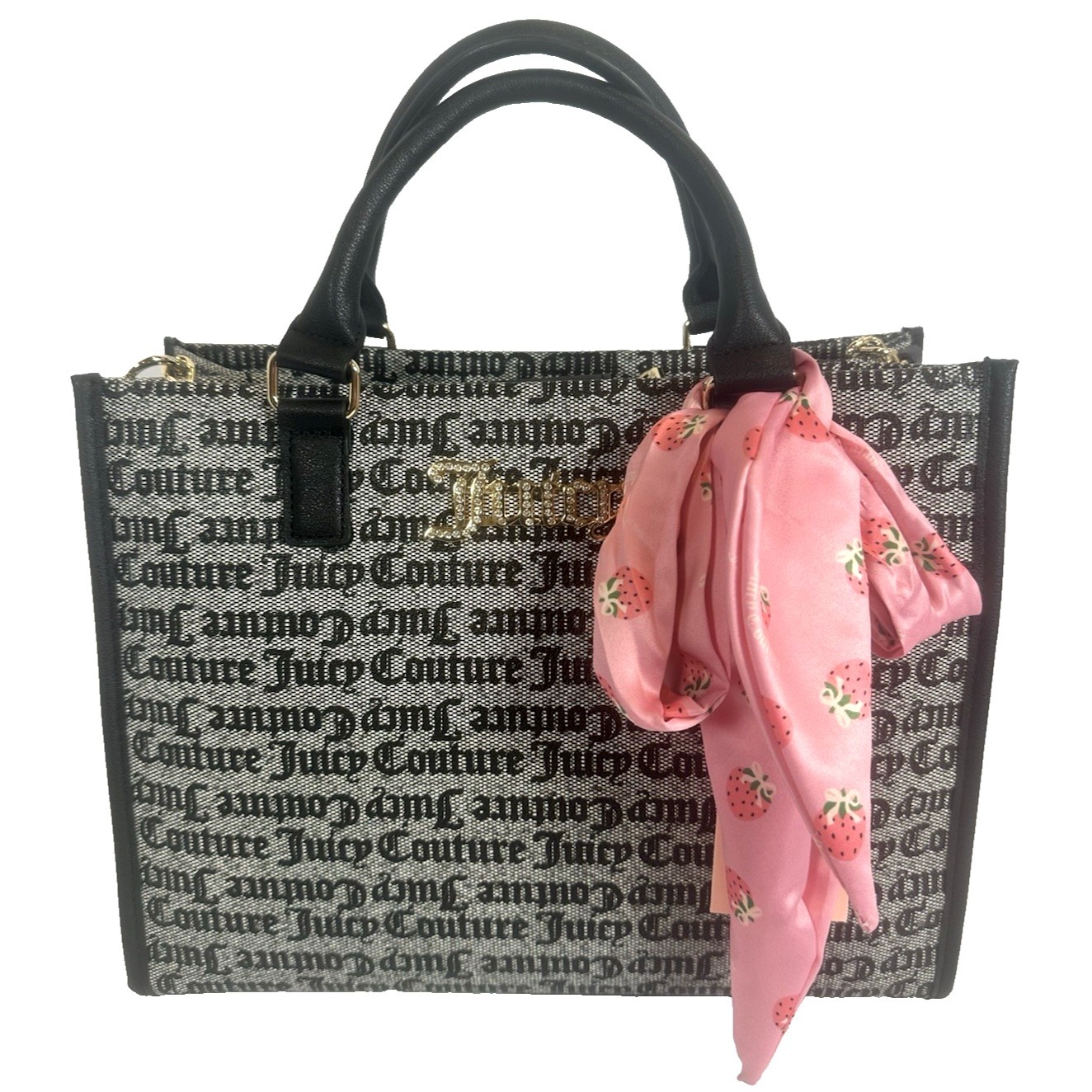 Juicy Couture Drama Queen Tote Bag Black Beige Logo Strawberry Scarf Charm Nwt